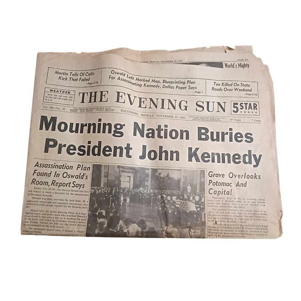 The Evening Sun Baltimore Nov 25 1963 JFK Assassination Newspaper Funeral vtg
